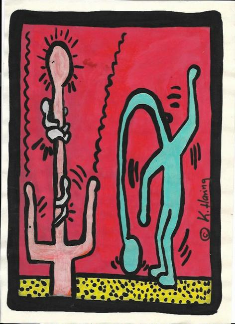 Keith Haring (American, 1958 -1990): Keith Haring (American, 1958 -1990) - Mixed Media Drawing acrylic and marker illustration on Paper signed. is executed in the contemporary, street art style of Keith Haring (American, 1958-1990) The p