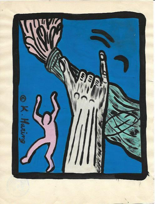 Keith Haring (American, 1958 -1990): Keith Haring (American, 1958 -1990) - Mixed Media Drawing acrylic and marker illustration on Paper signed. is executed in the contemporary, street art style of Keith Haring (American, 1958-1990) The p