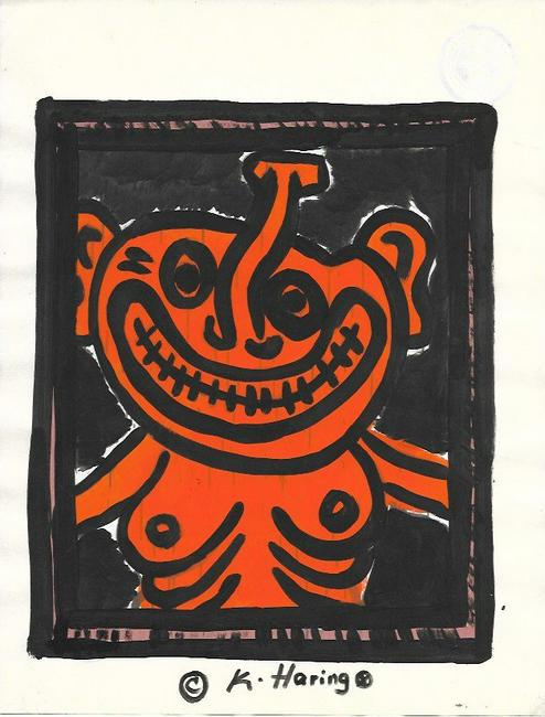 Keith Haring (American, 1958 -1990): Keith Haring (American, 1958 -1990) - Mixed Media Drawing acrylic and marker illustration on Paper signed. is executed in the contemporary, street art style of Keith Haring (American, 1958-1990) The p