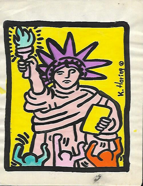 Keith Haring (American, 1958 -1990): Keith Haring (American, 1958 -1990) - Mixed Media Drawing acrylic and marker illustration on Paper signed. is executed in the contemporary, street art style of Keith Haring (American, 1958-1990) The p