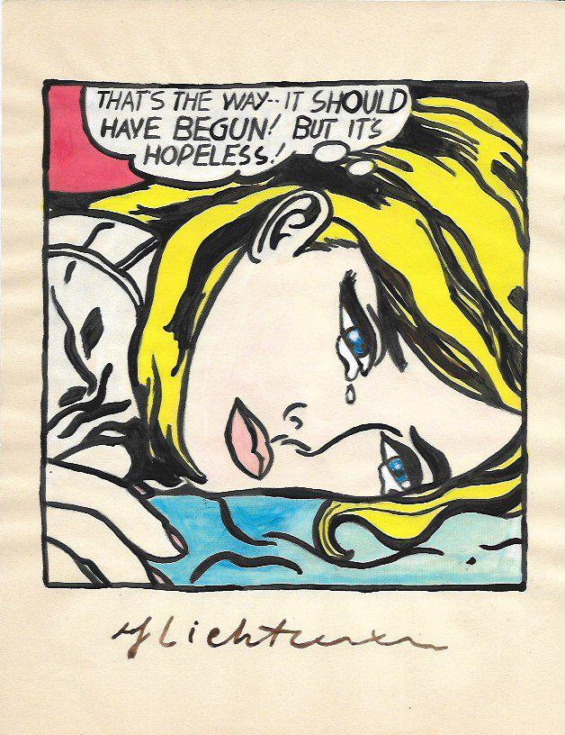 The Style of Roy Lichtenstein drawing: The Style of Roy Lichtenstein drawing on Paper.Size 11 1/2 x 8. Unframed. Provenance: Private Collector, NY. No Coa. Roy Fox Lichtenstein (October 27, 1923 - September 29, 1997) was an American pop ar