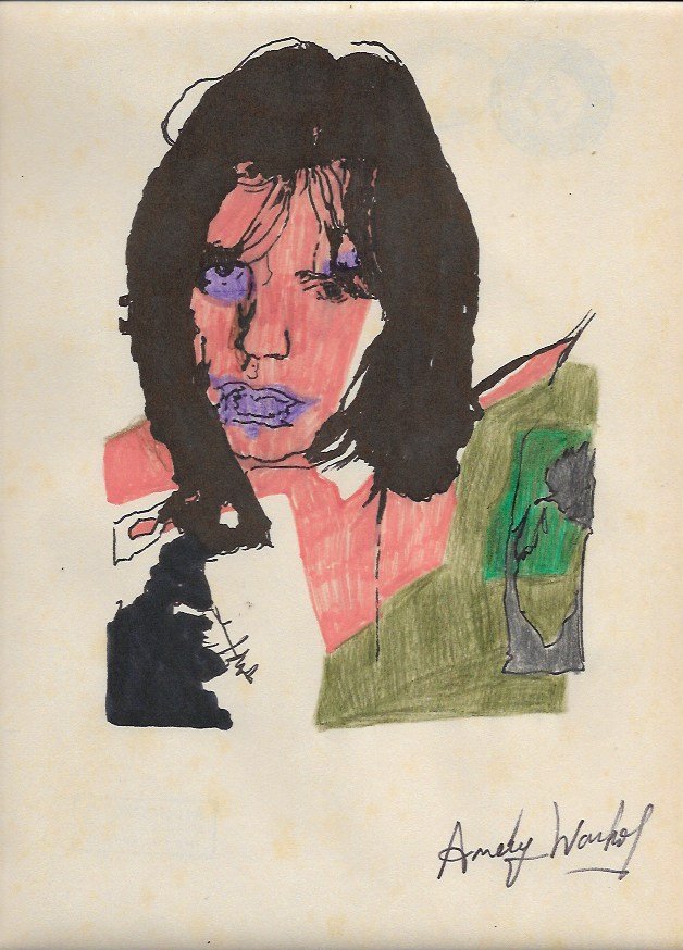Andy Warhol Mixed Media Drawing: Andy Warhol Mixed Media Drawing acrylic and marker illustration on Paper signed. is executed in the contemporary, street art style of.The Drawing has no certificate of authenticity. Size: 12 x 8 1/2 i