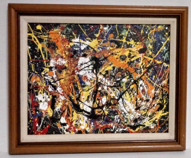 Jackson Pollock Abstract Painting on Cardboard with Ant: Jackson Pollock Abstract Painting on Cardboard with Antique ornate wood FrameJackson Pollock was an American painter, and the leading force behind the abstract expressionist movement in the art worldM