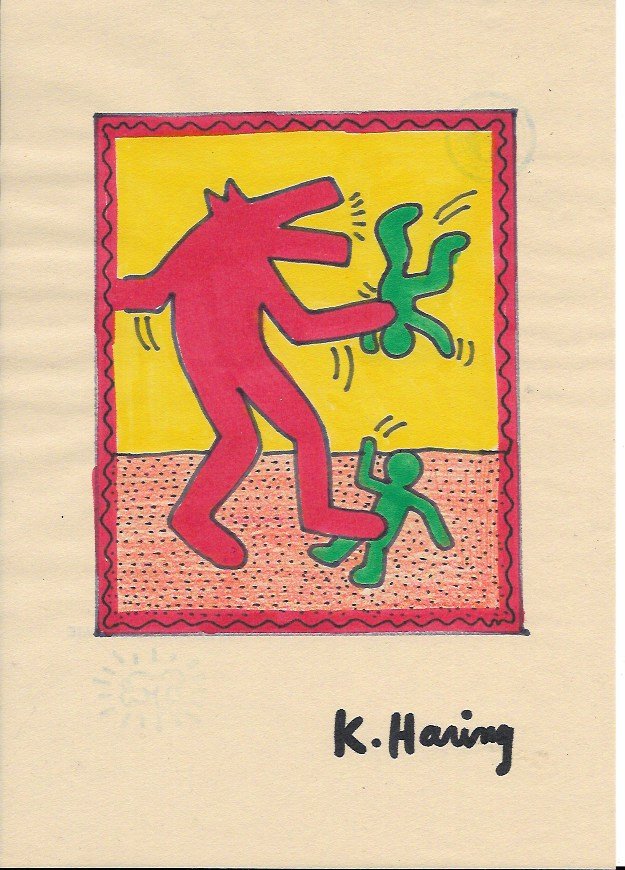 Keith Haring Mix Media Drawing: Keith Haring Mix Media Drawing Signed. New York Collection. Keith Allen Haring (May 4, 1958. February 16, 1990) was an American artist whose pop art and graffiti-like work grew out of the New York Cit