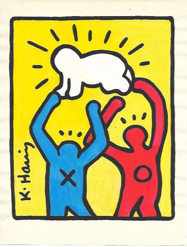Keith Haring (American, 1958 -1990) - Mixed Media: Keith Haring (American, 1958 -1990) - Mixed Media Drawing acrylic and marker illustration on Paper signed. is executed in the contemporary, street art style of Keith Haring (American, 1958-1990) The p
