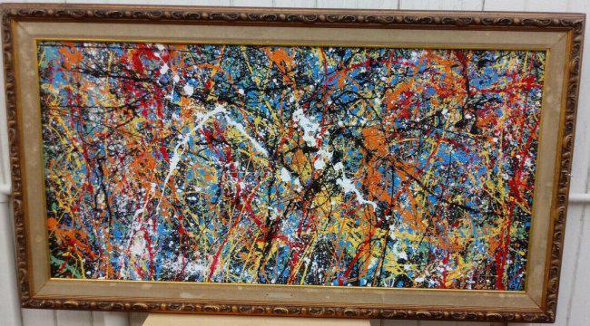 Jackson Pollock Abstract Painting on Cardboard with: Jackson Pollock Abstract Painting on Cardboard with Antique ornate wood FrameJackson Pollock was an American painter, and the leading force behind the abstract expressionist movement in the art worldM