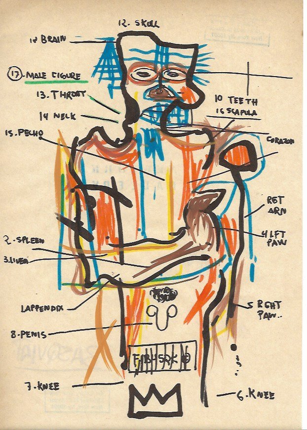 Jean Michel Basquiat Mixed Media Drawing on Paper.: Jean Michel Basquiat Mixed Media Drawing on Paper. Aprox size 8 x 13 Inches. provenance NY Collection. it doesnt have any documentation or cerfication, Sold as is to the manner or style of the artist,