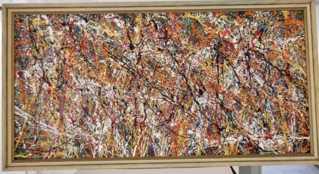 XL Jackson Pollock Abstract Modernist Painting: XL Jackson Pollock Abstract Modernist Painting on Board Wood Framed - Painting Size: 36 x 72 Inches. Frame Size: 40 x 22 inches. It is being sold in the manner or style of the artist After. Mixed Medi