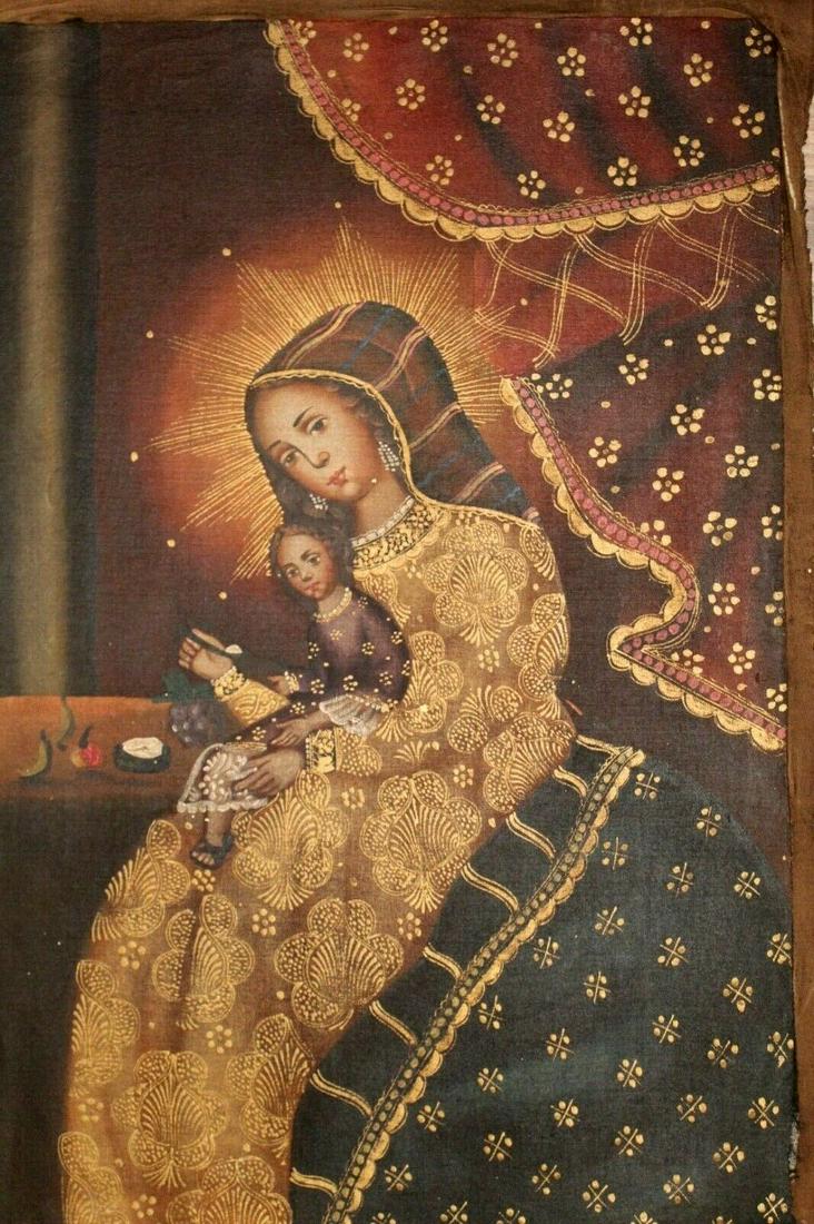 Religious Virgin and Child. Unframed Oil on Canvas: Religious Virgin and Child. Unframed Oil on Canvas Painting. Size: 23 X 15.5 inches approx. The Cusco School is a Roman Catholic artistic tradition based in Cusco, Peru during the Colonial period from