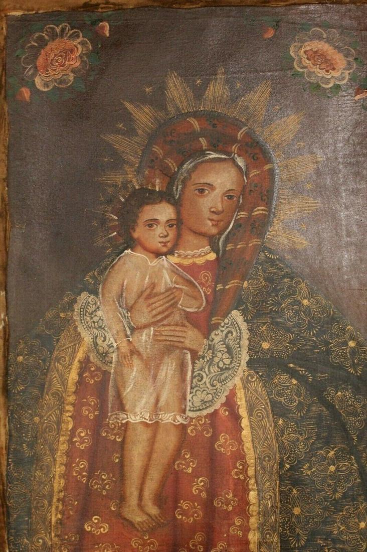 Religious Virgin and Child. Unframed Oil on Canvas Pai: Religious Virgin and Child. Unframed Oil on Canvas Painting. Size: 23 X 15.5 inches approx. The Cusco School is a Roman Catholic artistic tradition based in Cusco, Peru during the Colonial period from