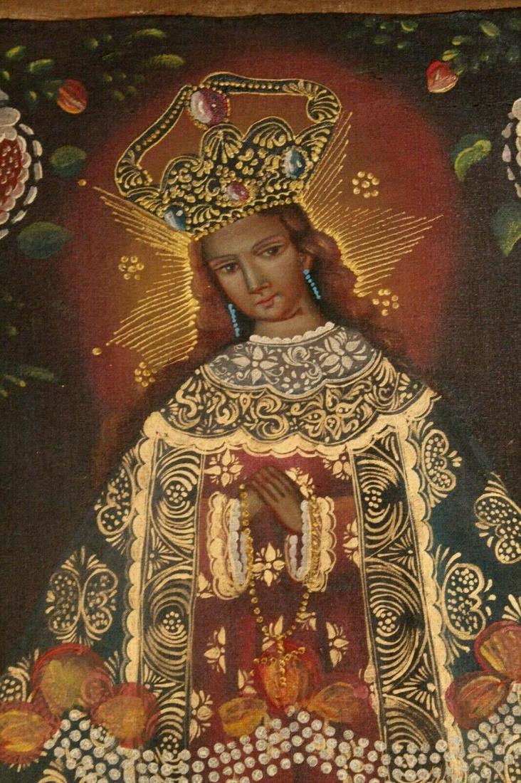 Religious Virgin . Unframed Oil on Canvas: Religious Virgin . Unframed Oil on Canvas Painting. Size: 23 X 15.5 inches approx. The Cusco School is a Roman Catholic artistic tradition based in Cusco, Peru during the Colonial period from the 16th