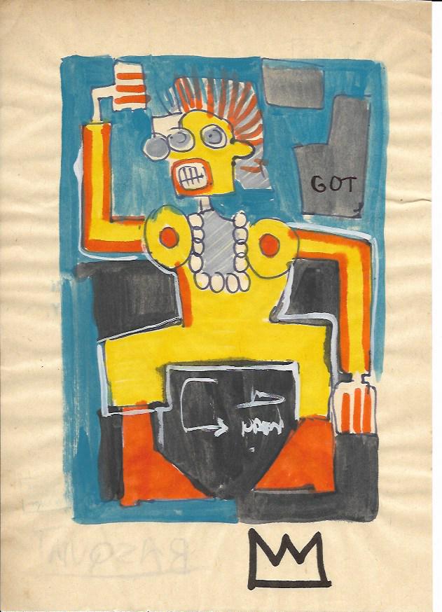 Jean Michel Basquiat Mixed Media Drawing on Paper: Jean Michel Basquiat Mixed Media Drawing on Paper. Aprox size 8 x 13 Inches.No documentation or cerfication, Sold as is to the manner or style of the artist, Good Condition, See photos.