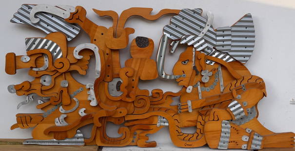 BRUCE GUESWEL ORIGINAL sculpture chipotle-art-1993-2010: BRUCE GUESWEL ORIGINAL sculpture chipotle-art-1993-2010- 2 fiqures in Wood Carve with Metal and aluminum plate (signed) on the bottom. (see photo).(NY Collector Estate Sale). ancient art, designs of