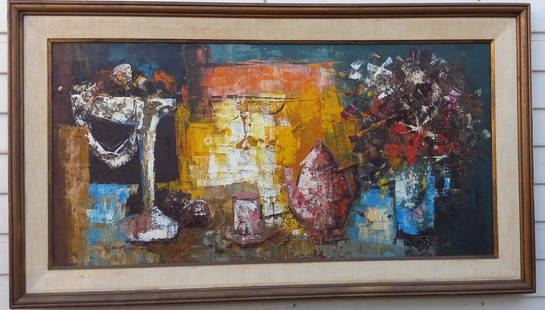 1980 Vintage Mid Century Abstract Painting: 1980 Vintage Mid Century Abstract Painting on Canvas Wood Framed Signed Modern Old 20th Century ArtGood condition, no losses, No COA, no supporting papers, sold as is . Size: 48 x 24. Wood Frame