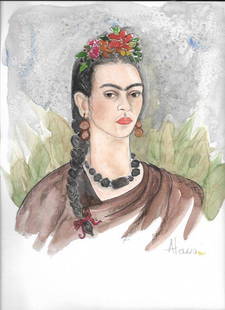 Frida Kahlo Painting Folkart mix media watercolor: Frida Kahlo Painting Folkart mix media watercolor pencil on Thick paper.Size: SIZE: 12 x 9.It is being sold in the style of Artist Hand Painted and signed by outsider artist. Good Condition.See Photo