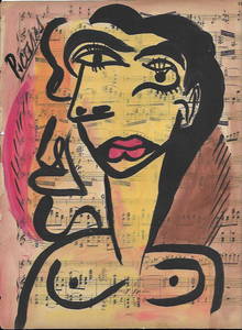 Mixed Media Pablo Picasso Drawing on Paper Music Notes.