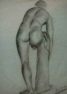 Louise Canuet, large academy charcoal drawing: Louise Canuet, large academy charcoal drawing. Nude man leaning forward. 19th c. Louise Canuet. 19th C. French listed artist.Original drawing, charcoal on laid paper. Signed. UnframedSize: 23" x 16