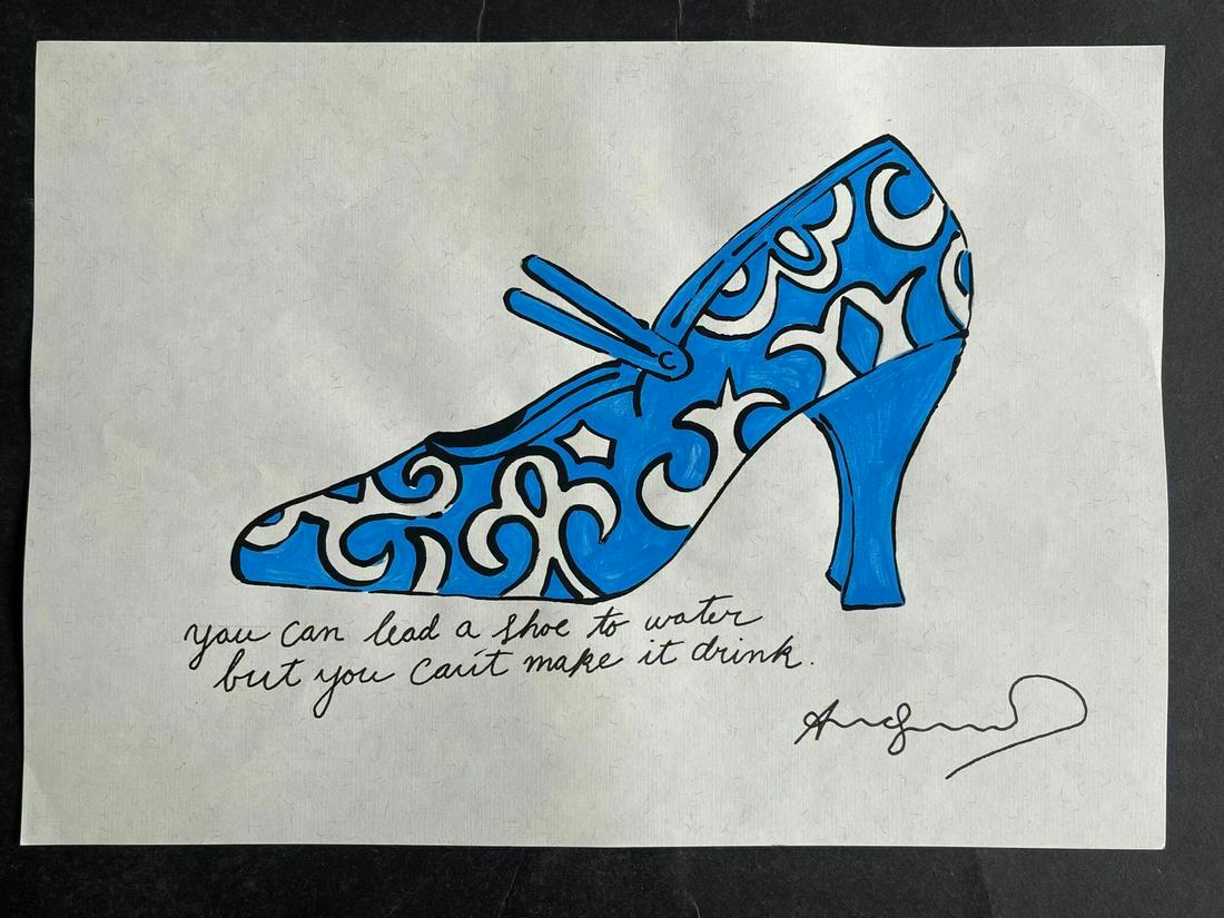 Andy Warhol drawing on paper signed and stamped: Andy Warhol drawing on paper signed and stamped mixed media Size: 7 x 13.It is being sold in the manner or style of the artist after. Provenance NY Collector. We pack and ship for you. Good Condition