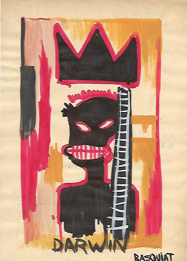 Jean Michel Basquiat Mixed Media Drawing on Paper.: Jean Michel Basquiat Mixed Media Drawing on Paper. Aprox size 8 x 13 Inches.NY Collector, Sold as is to the manner or style of the artist, Good Condition, See photos.