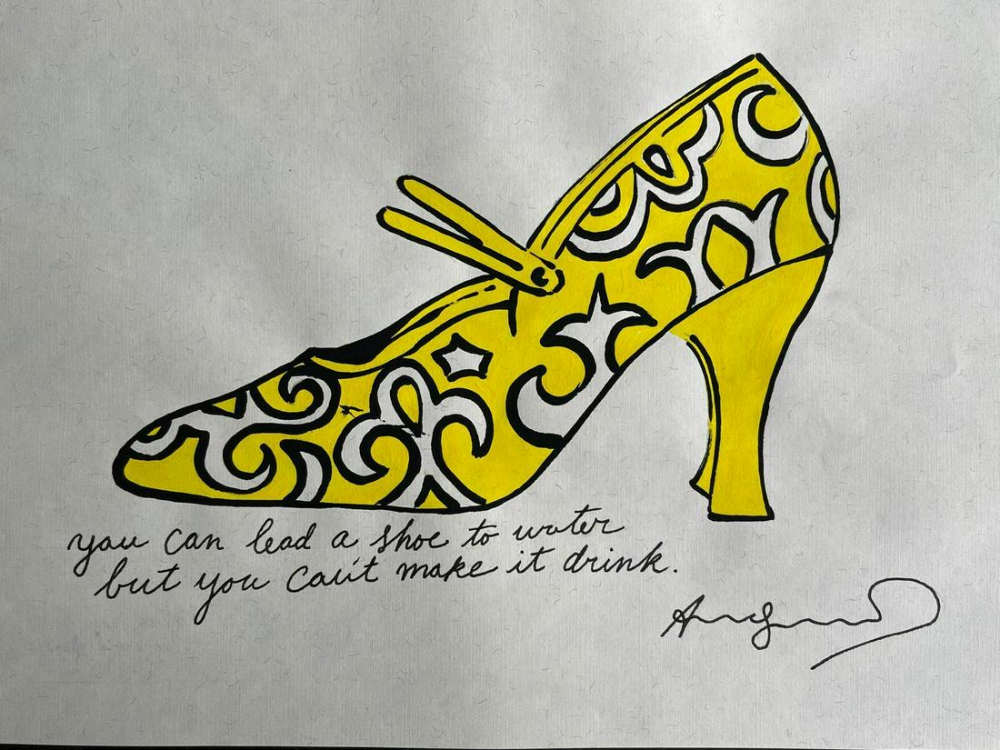 Andy Warhol drawing on paper signed and stamped: Andy Warhol drawing on paper signed and stamped mixed media Size: 7 x 13.It is being sold in the manner or style of the artist after. Provenance NY Collector. We pack and ship for you. Good Condition