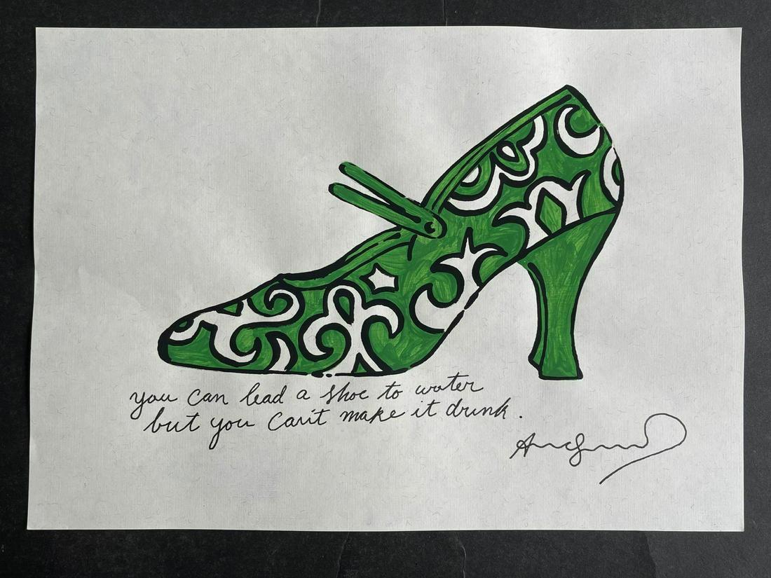 Andy Warhol drawing on paper signed and stamped: Andy Warhol drawing on paper signed and stamped mixed media Size: 7 x 13.It is being sold in the manner or style of the artist after. Provenance NY Collector. We pack and ship for you. Good Condition