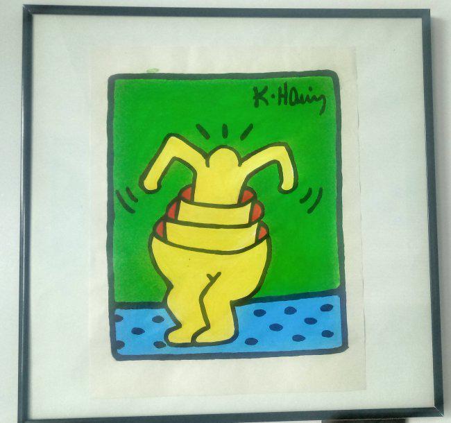 Signed Keith Haring Mixed Media on Paper: Signed Keith Haring Mixed Media on Paper with frame. On verso stamp . Approx Size: 11 3/4 x 8 1/2 inches. Provenance: New York Collector. All lots that do not carry established documented provenance n