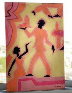 Aaron Douglas oil Painting on canvas (After Artist): Aaron Douglas oil on canvas Hand Carved. (After Artist). Approx size: 23 x 15. No documentation or COA. Sold as is. Good Condition.After definition: For paintings/unique works: The word