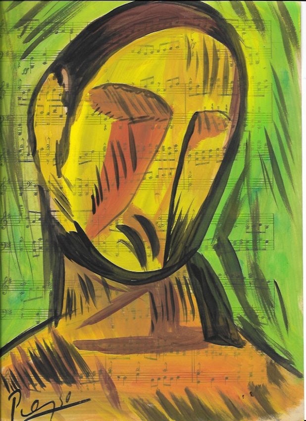 Mixed Media Pablo Picasso Drawing on Paper (after artist): Mixed Media Pablo Picasso (after artist) Drawing on Paper Music Notes. Approx Size: 12 x 8 1/2 inches. Provenance: Private NY Collection. sold as is After definition: For paintings/unique works: The w
