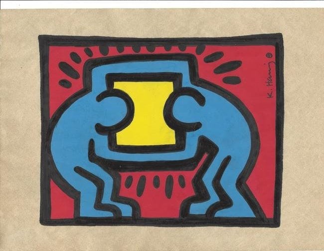 KEITH HARING Mixed Media on Paper POP ART. (After artist): KEITH HARING Mixed Media on Paper POP ART (After artist). Approx Size: 11 3/4 x 8 1/4 inches. Provenance: This item has limited provenance from an Upper New York estate. All lots that do not carry est