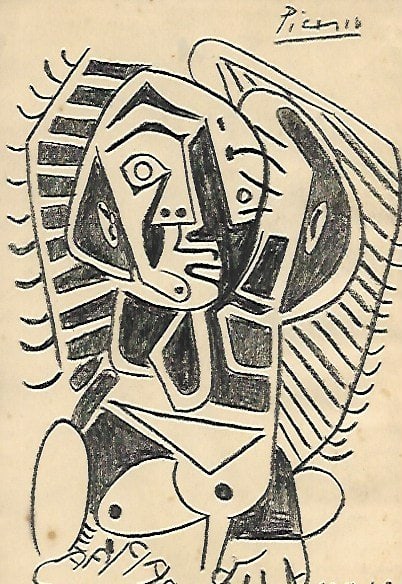Picasso Drawing Mixed Media on Paper After (artist): Picasso Drawing Mixed Media on Paper.After (artist) Figure. Size: 8 1/4 X 5 1/2 Inches.Due to age, the paper may have stains, torn corners, It may also have wrinkles.Good vintage condition. See photos