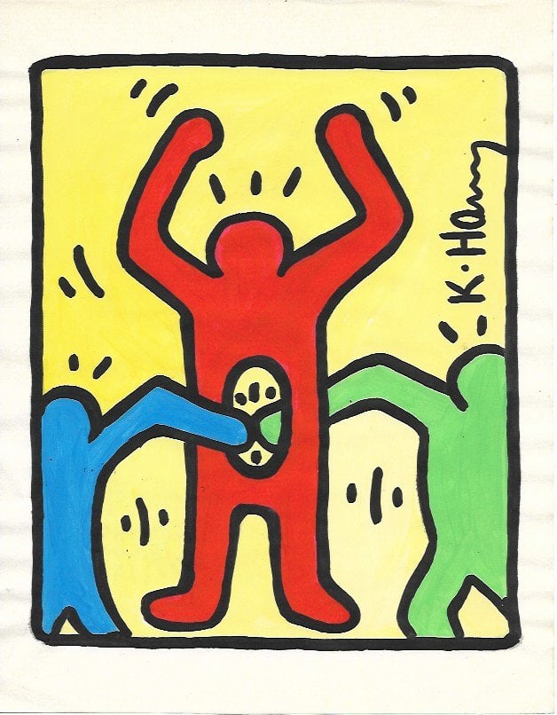 KEITH HARING Mixed Media on Paper POP ART(After artist): KEITH HARING Mixed Media on Paper POP ART (After artist). Approx Size: 11 3/4 x 8 1/4 inches. Provenance: This item has limited provenance from an Upper New York estate. All lots that do not carry est