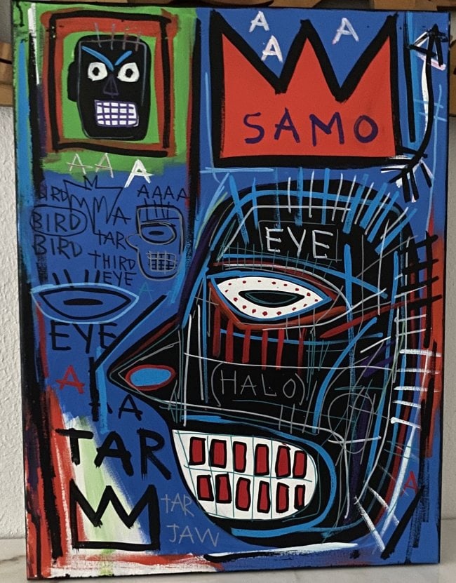 Jean Michel Basquiat Title: "Samo" Crown (After): Jean Michel Basquiat Title: "Samo" Crown (After Artist) Painting on Canvas. Size : 28 by 22 inches . This is not a print of any kind.This is hand painted condition is good.Acquired from private collec
