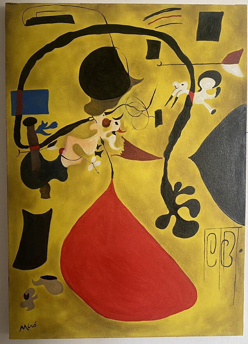 JOAN MIRO ARTIST OIL PAINTING ON CANVAS (After Artist): JOAN MIRO OIL PAINTING ON CANVAS.(After Artist) Appox size: 19 x 27. No COA or documents. Sold as is. Provenance Aquired by previous owner from a private collection in NYC Joan MirÃ³ i FerrÃ was a 