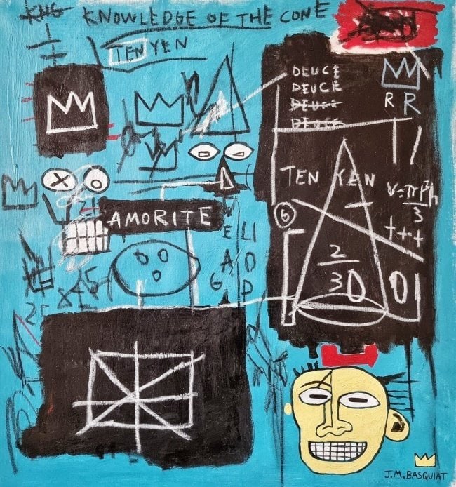 Jean Michel Basquiat Painting on Canvas(After artist): Jean Michel Basquiat Painting on Canvas (After Artist). Technique: Painting on Canvas. Measures: : 14 x 11 Inches. Provenance: Private collection New York. The Painting is Not Stretch. Lived between(D