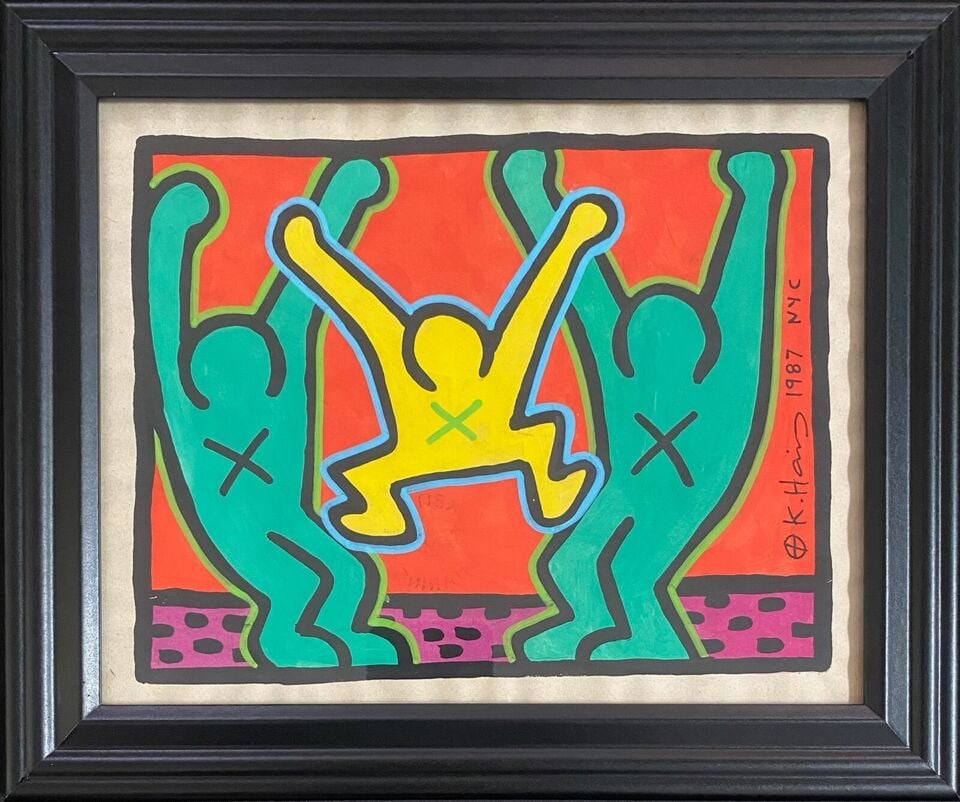 Keith Haring (Ame 1958-90) Mixed Media Painting on Paper (1 of 4)