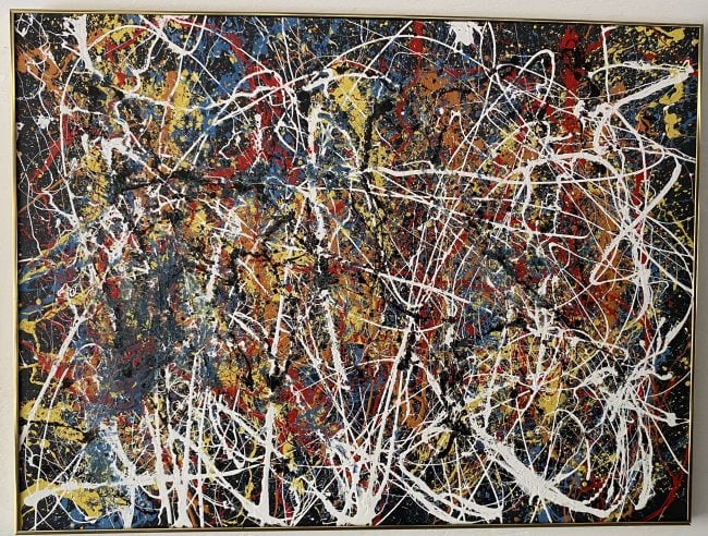 Jackson Pollock Abstract Painting on Canvas Framed(after artist): Jackson Pollock Abstract Painting on Canvas(After Artist)-Approx Painting Size: 48 x 36 Inches.Gold Metal Frame size: 49 x 37. New York Collector. Painting is done in the modern, abstract expressionis