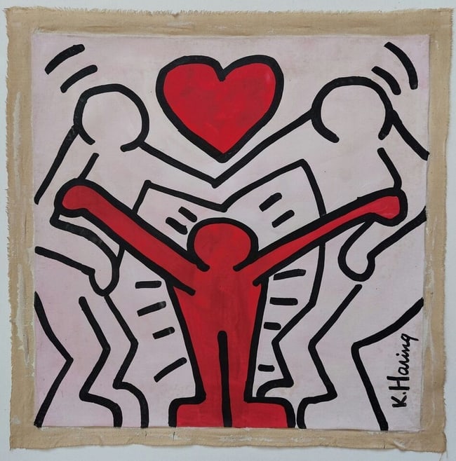 Keith Haring (Ame 1958-90) Mixed Media Painting on Canvas. (1 of 4)