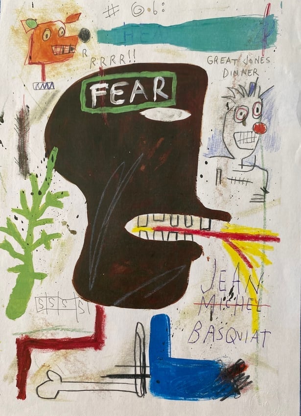 Jean Michel Basquiat Expressionism Painting Drawing on Paper.: Jean Michel Basquiat Expressionism Painting Drawing on Paper.Size: 11 3/4 x 15 3/4 In. Provenance: W.N York consignor Private collection. it is being sold in the manner or style of the artist Accordin