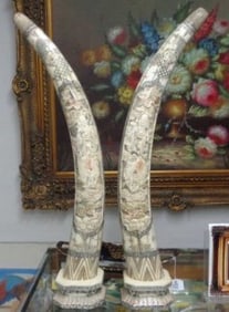 Pair of tall Chinese hand carved tusks