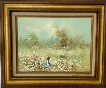 Young girl on Flower field  Painting on Canvas /wood frame