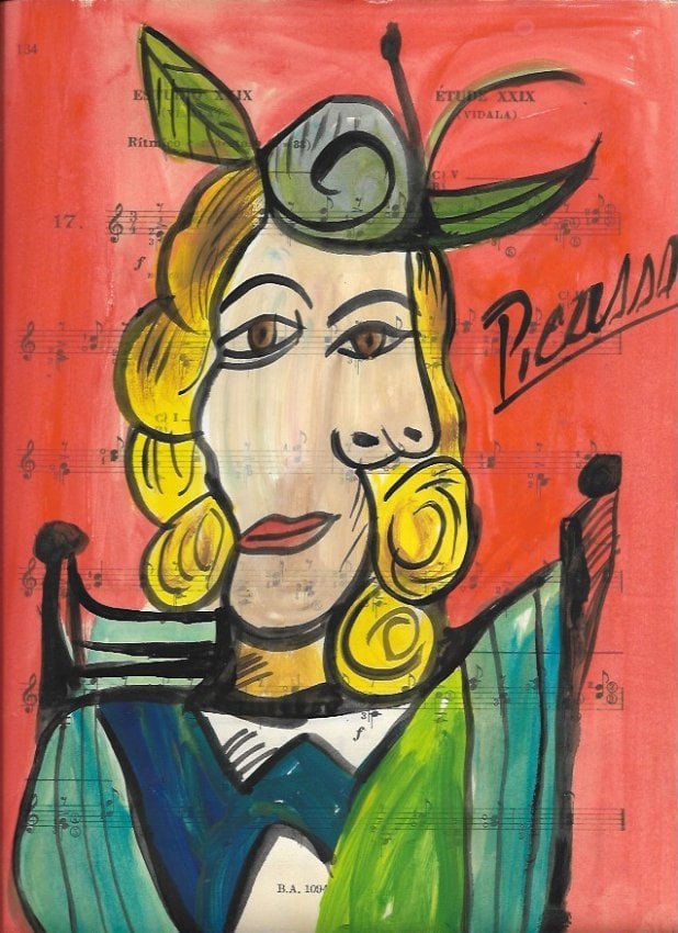 Mixed Media Pablo Picasso Drawing on Paper (After Artist): Mixed Media Pablo Picasso (After Artist) Drawing on Paper Music Notes. Approx Size: 12 x 8 1/2 inches. Provenance: Private NY Collection. It is being sold as in the manner Style of artist. Good Condit