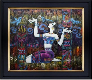 Framed Kneeling Lady and Birds, Hand Painted Oil Painting