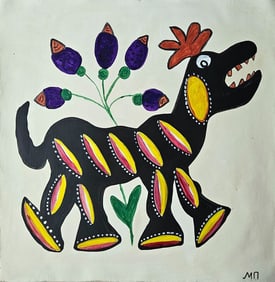 Maria Prymachenko Signed, Ukrainian 20th Century Modern Folk Art Painting on Canvas.