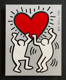 Keith Haring Painting on Vintage Unique Canvas SIGNED NYC POP SHOP