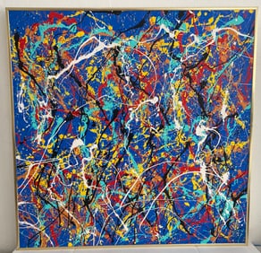 Jackson Pollock Painting on Canvas Gold Metal Frame Stamp at Verso