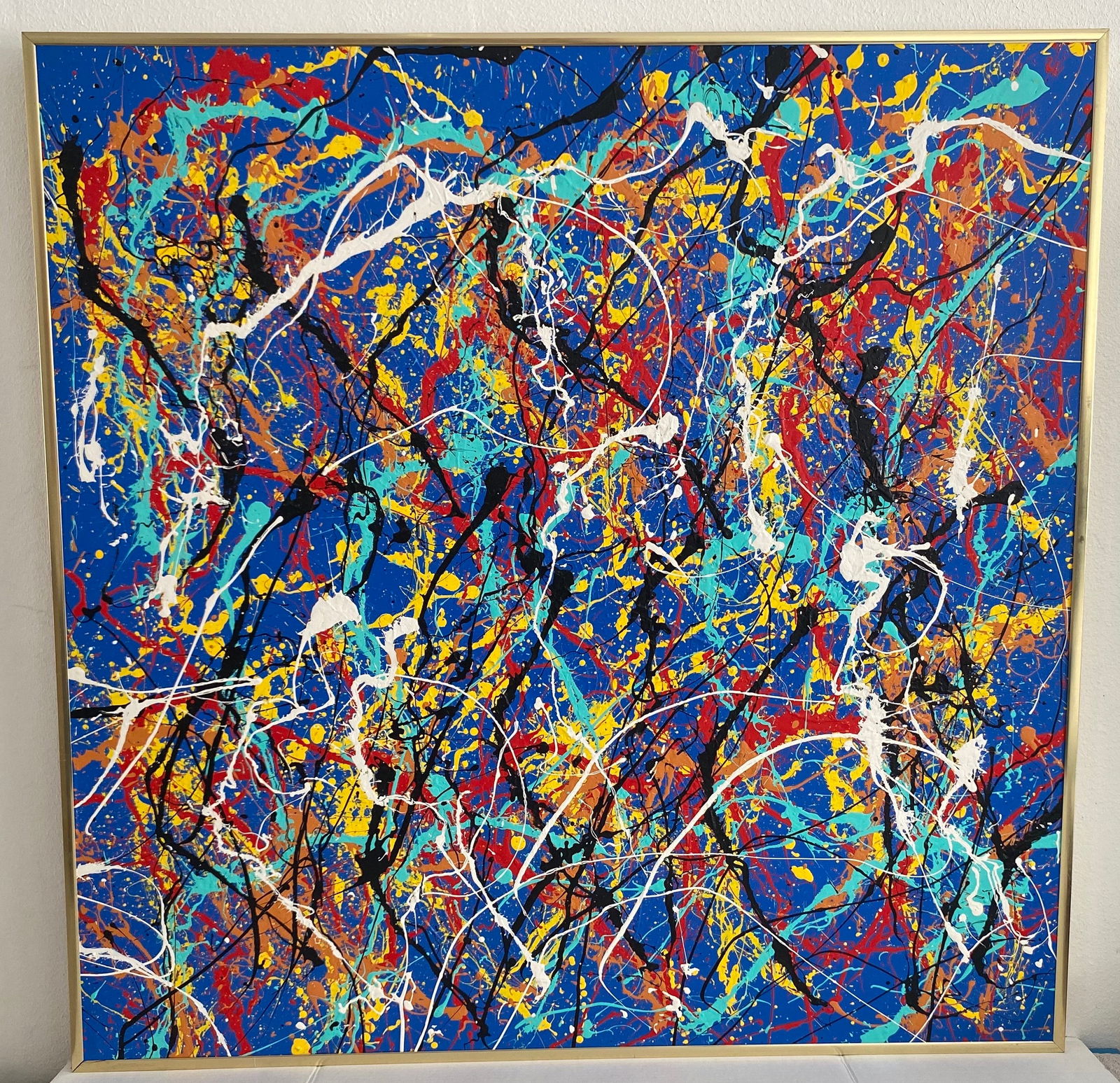 Jackson Pollock Painting on Canvas Gold Metal Frame Stamp at Verso: Jackson Pollock Painting on Canvas Gold Metal Frame Stamp at Verso. Size: 36 x 36 inches . Gold Metal frame measures approximately 36 1/2 x 36 1/2 inches. The painting was acquired from a Ny Private c