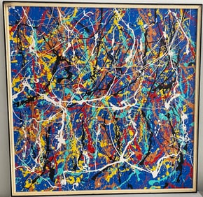 Jackson Pollock Painting on Canvas Black Wood Frame Stamp at Verso