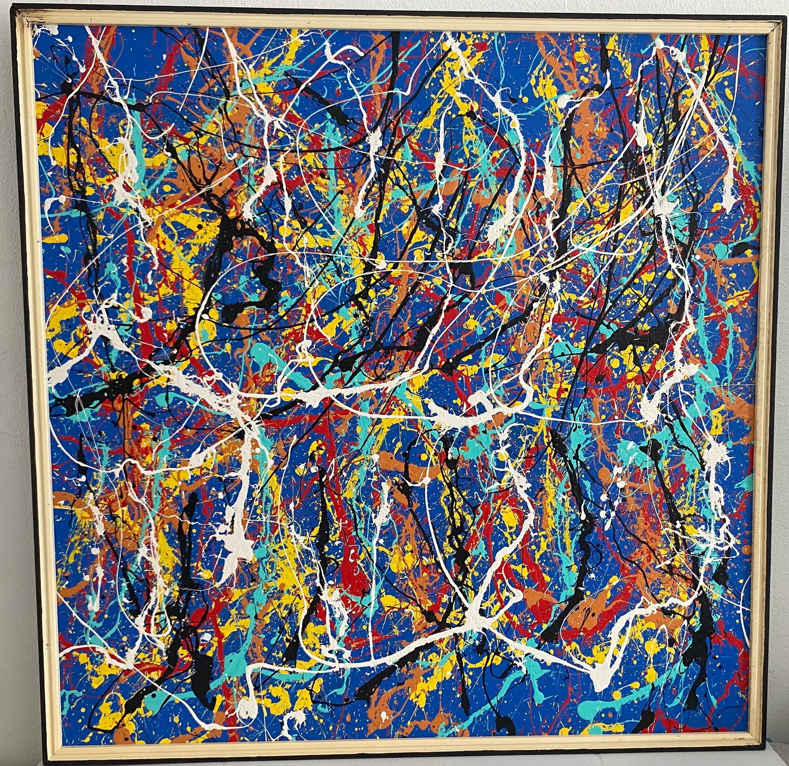 Jackson Pollock Painting on Canvas Black Wood Frame Stamp at Verso: Jackson Pollock Painting on Canvas Black Wood Frame Stamp at Verso. Size: 36 x 36 inches . Gold Metal frame measures approximately 37 x 36 inches. The painting was acquired from a Ny Private collector
