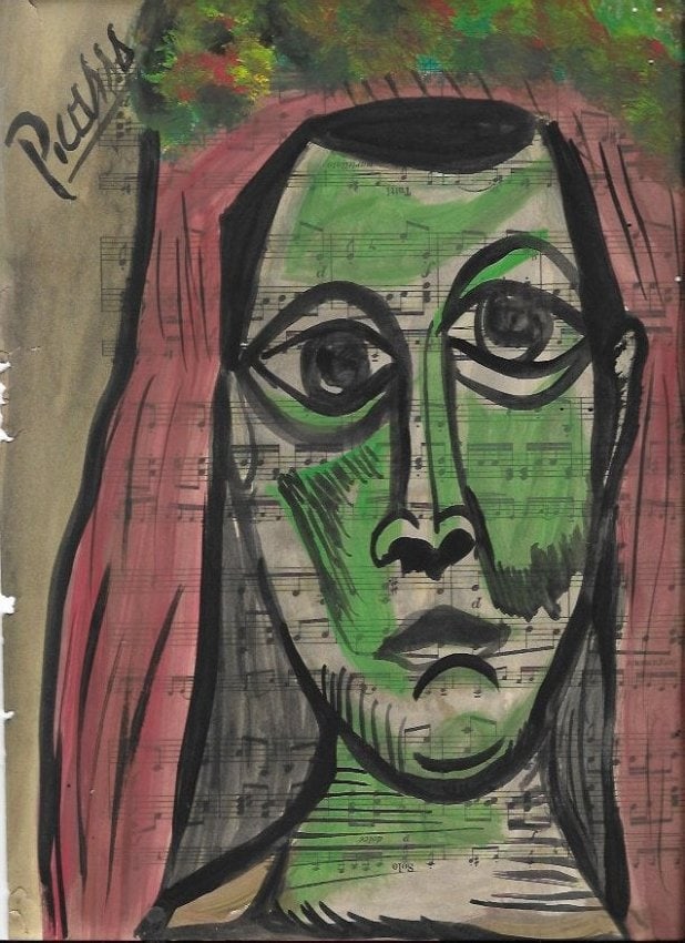 Mixed Media Pablo Picasso Drawing on Paper ((After) artist: Mixed Media Pablo Picasso Drawing on Paper . Approx Size: 12 x 8 1/2 inches. Provenance: Private NY Collection. (After) artist. Good Condition See Photos. The word â€œafter” is used for a