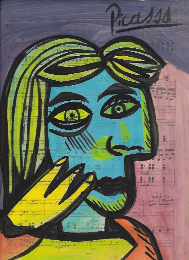 Mixed Media Pablo Picasso Drawing on Paper( (after artist): Mixed Media Pablo Picasso (after artist)Drawing on Paper Music Notes. Approx Size: 12 x 8 1/2 inches. Provenance: Private NY Collection. It is being sold as is.The word â€œafter” is used 
